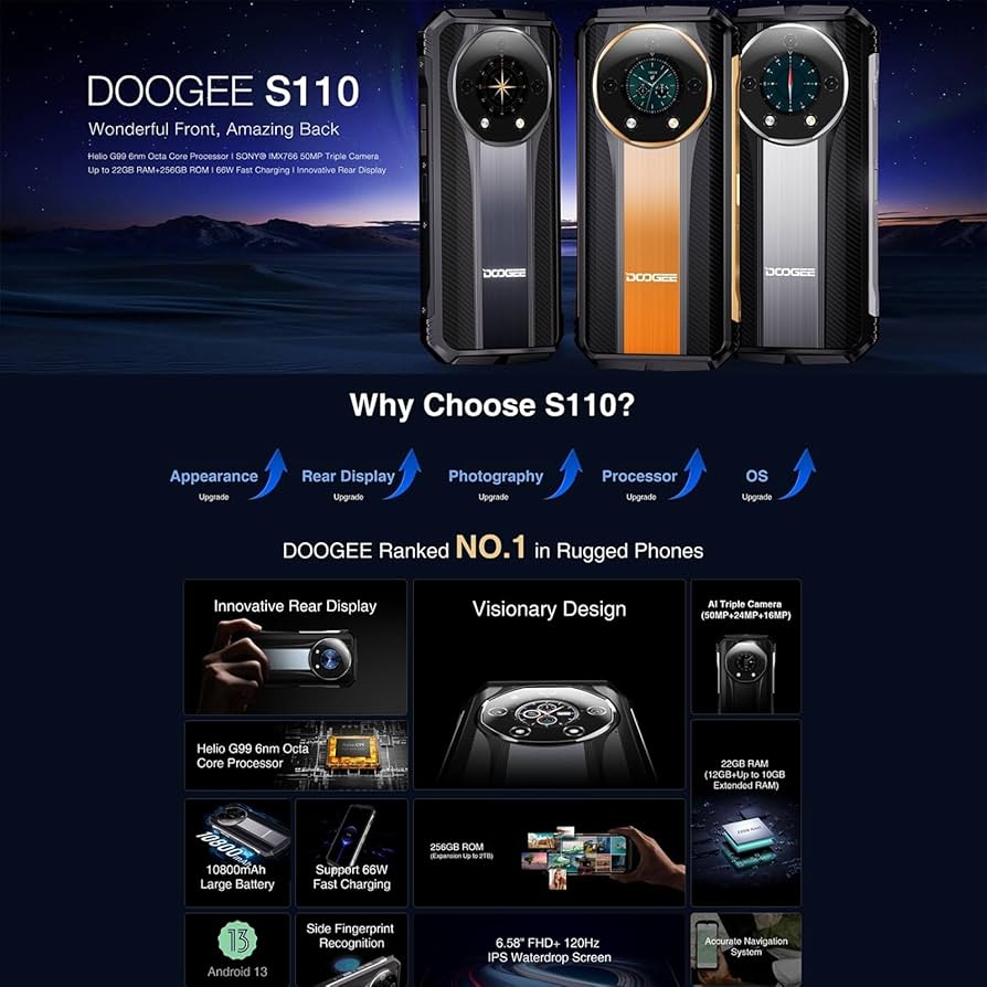 タフネススマホ DOOGEE S110 12(22)/256GB ブラック DOOGEE S110 2023 rugged phone, Android 13, 22 GB RAM+256 GB